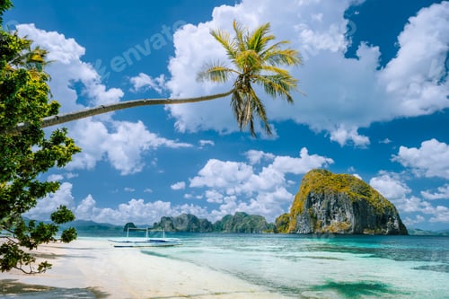 Preview: El Nido, Palawan, Philippines. Tropical scenery of exotic beach with palm tree, boat on the sandy