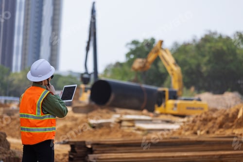 Preview: A construction engineer monitors site progress using a tablet and phone.