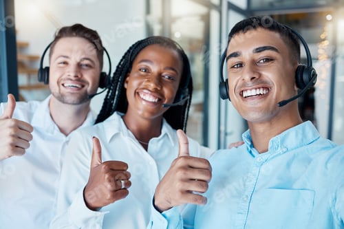Preview: Diversity, thumbs up and success selfie at call center with online consultant employees in office.
