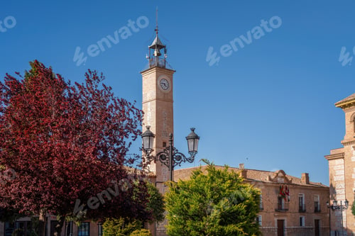 Preview: Clock Tower (Torre del Reloj) and Consuegra City Hall at Plaza de Espana Square - Consuegra, Spain