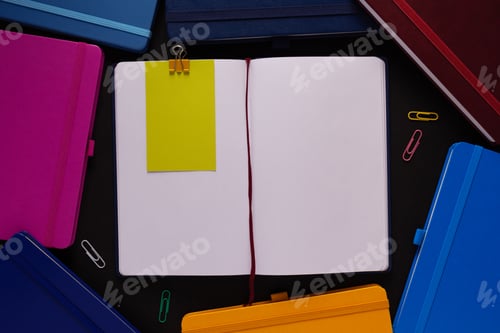 Preview: Paper notebook on black background texture. Creative idea concept