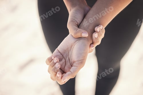 Preview: Sports, closeup and woman with a wrist injury, accident or sprain muscle after a workout. Fitness,