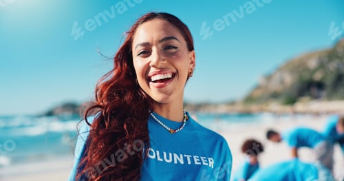 Preview: Volunteer, laugh and portrait of woman on beach for cleaning dirt, plastic and litter for ocean pol