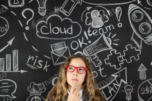Preview: Young businesswoman against chalkboard with business sketch