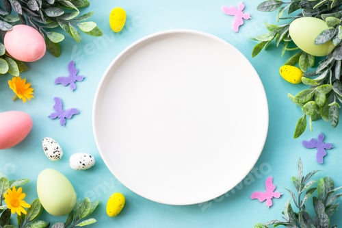 Preview: Easter table setting, Easter food background.