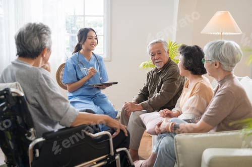 Preview: Senior people sit in a circle in a nursing home and listen to nurse during a group elderly therapy
