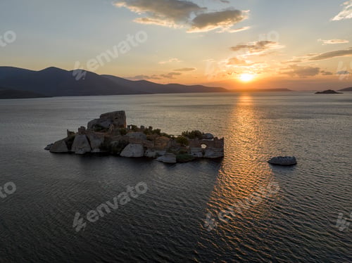 Preview: View of Old church building ruins of Heraklia ancient city Bafa Lake of Aegean district at sunset