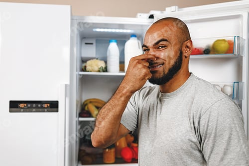 Preview: African american man closing nose because of bad smell from fridge