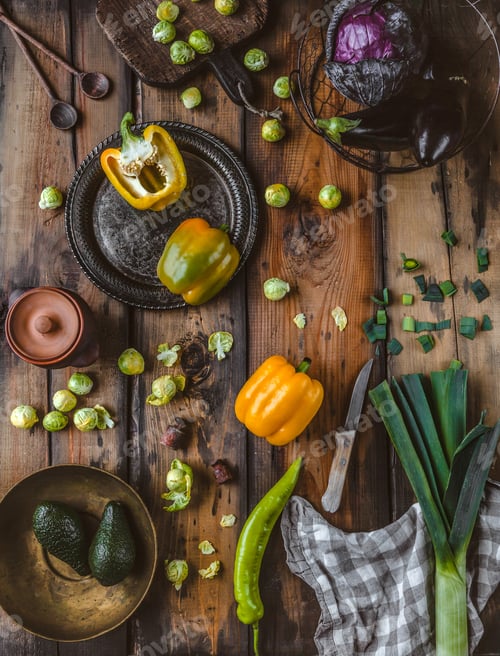 Preview: top view of leek, peppers, avocados, eggplants, brussel sprouts, red cabbage, kitchen towel, knife,