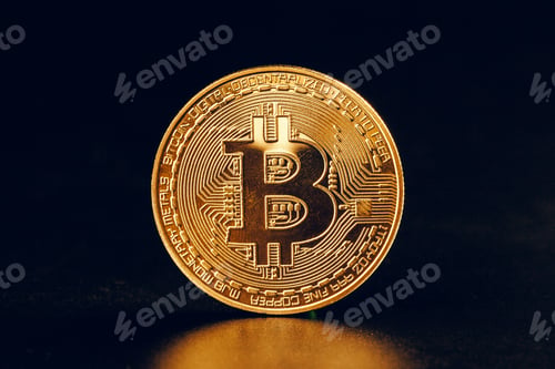 Preview: Bitcoins On Black Background. Trading Concept Of Crypto Currency