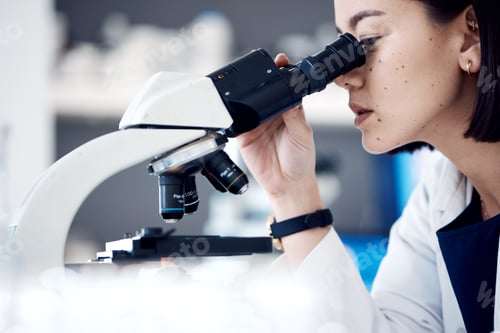 Preview: Science laboratory, microscope analysis and scientist research bacteria virus for healthcare innova