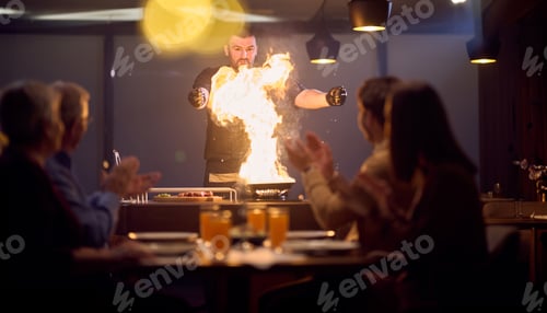 Preview: In a restaurant setting, a professional chef presents a sizzling steak cooked over an open flame
