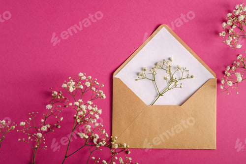 Preview: Kraft brown paper envelope with white empty card, gypsophila flowers, pink background