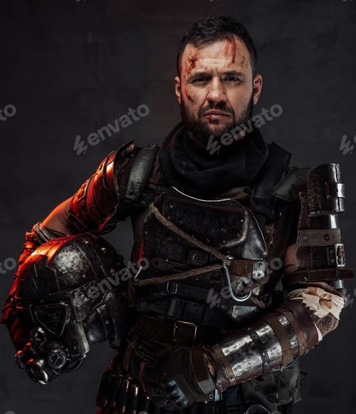 Preview: Bearded apocalyptic survivor with helmet in dark background