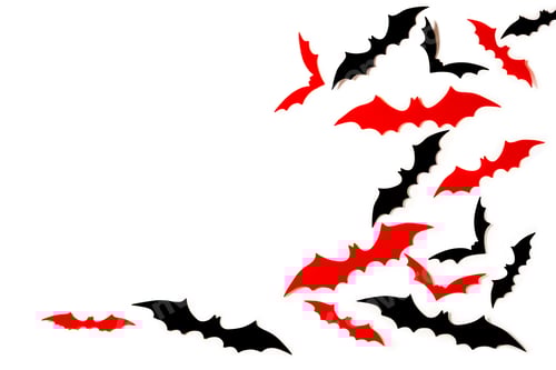Preview: Black and red paper bats flying over white background.