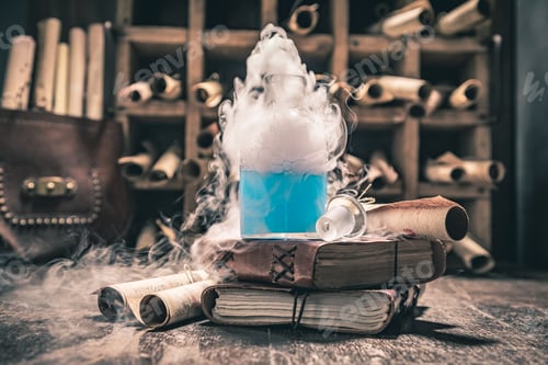 Preview: Vintage alchemist laboratory full of ancient and old scrolls