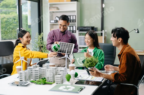 Preview: business team people planning and discussing on recycle reduce reuse policy symbol