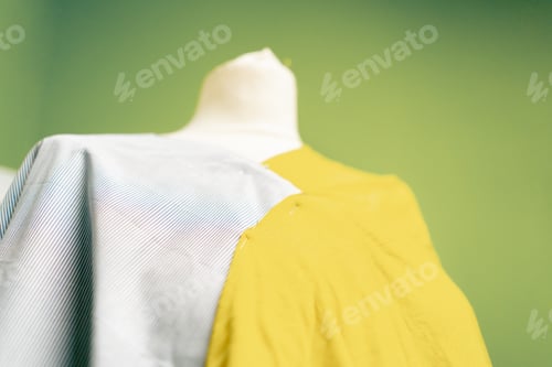 Preview: close-up of mannequin in a sewing workshop with fabric pins attached to it