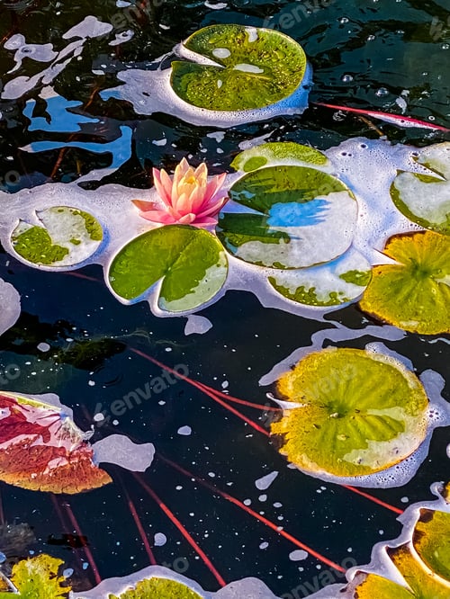 Vorschau: Seerosenpolster und Blumen schwimmen auf Teichwasser
