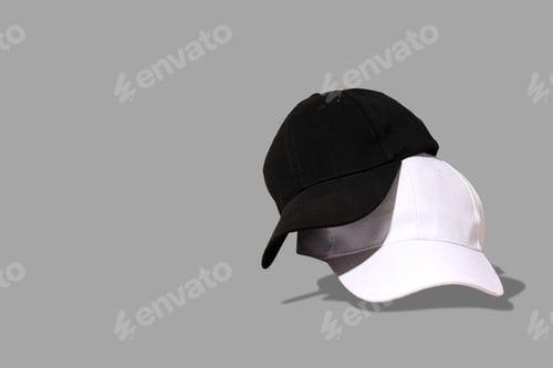 Preview: Three caps in black, gray, and white are arranged artistically