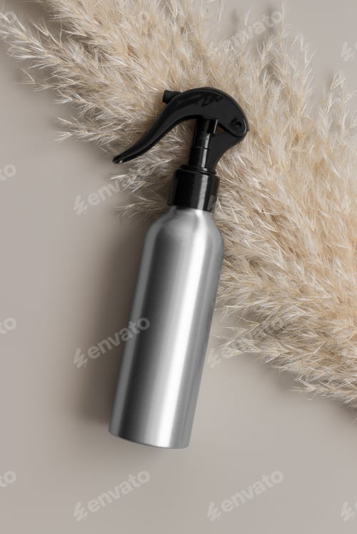 Preview: Aluminium cosmetic trigger sprayer bottle mockup with a pampas on the beige background.
