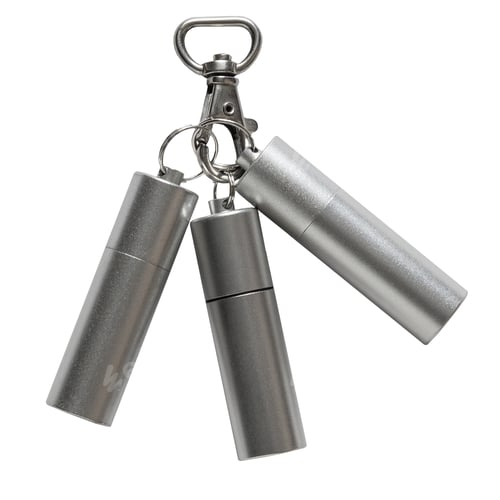 Preview: Set of three round stylish USB flash drives with a metallic casing, connected to a carabiner.