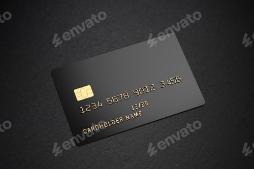 Preview: Black plastic card with chip on black slate. 3D rendering.