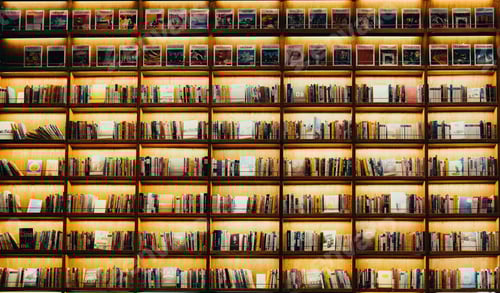 Preview: Bookshelf Display with Rows of Books and Lighting