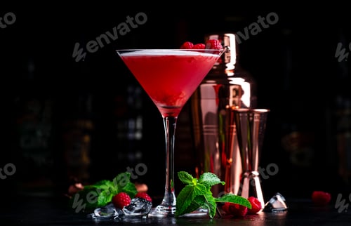 Preview: Summer red cocktail with gin, raspberry syrup, lime juice, quail egg white and ice