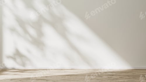 Preview: empty room mock up with wooden floor and empty white wall with sunlight and leaves shadow