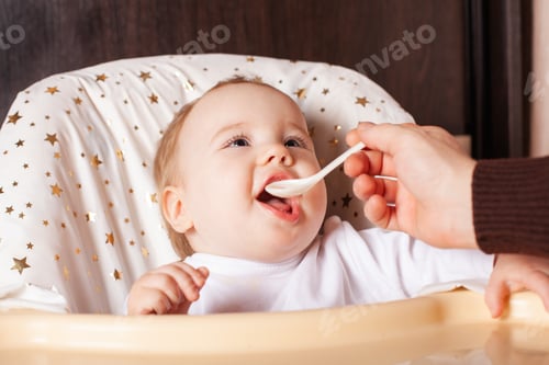 Preview: Cute Infant Being Fed in High Chair Indoors
