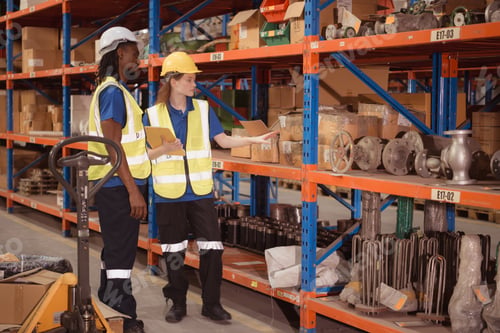 Preview: Young man and woman working together in warehouse, This is a freight transportation