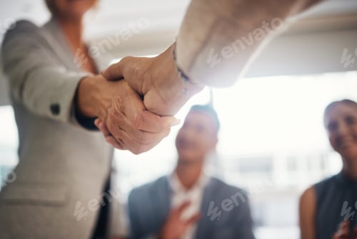 Preview: Handshake, hiring and contract with people in office for collaboration, teamwork and thank you. Mee