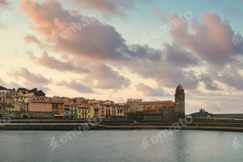 Preview: Majestic cloudy sky sunset wallpaper. Panorama of Collioure, coastal village in the south of France.
