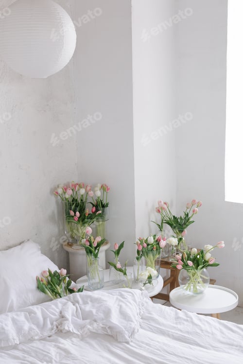 Preview: Pink Tulip Arrangements Decorating Bright Minimal Bedroom