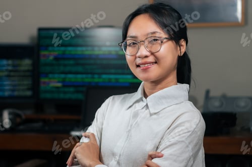 Preview: Confident Young Woman in Tech Office