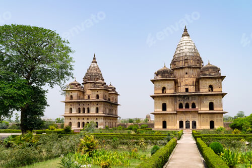 Preview: Beautiful shot of the Royal Chhatris of Orchha with a garden, India