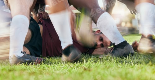 Preview: Sports field, ground or man in rugby scrum action, outdoor competition on tournament match, challen