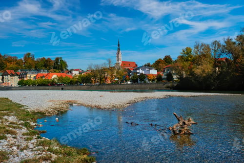 Preview: Bad Tolz - picturesque resort town in Bavaria, Germany in autumn and Isar river