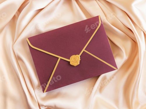 Preview: Red sealed envelope on beige silky fabric drapery top view, greeting or wedding mockup