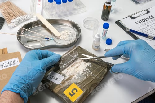 Preview: Specialised police open bundle of drugs in crime lab, conceptual image