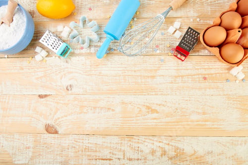 Preview: Baking or cooking ingredients. Bakery frame. Dessert ingredients and utensils.
