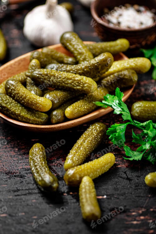 Preview: Homemade pickled cucumber on the table.