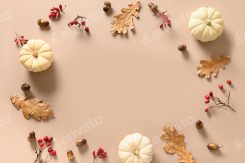 Preview: Autumn frame with white pumkins and red berries, dry oak leaves.