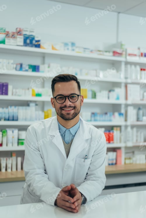 Preview: Portrait of a handsome pharmacist working in a pharmacy