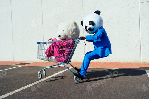 Preview: Storytelling image of a couple wearing giant panda head