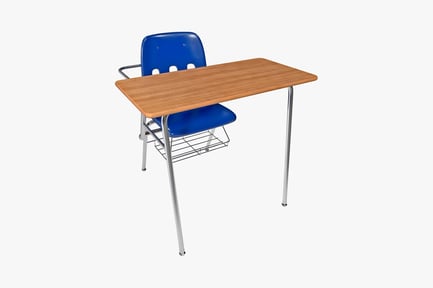 Preview: Wooden student desk with integrated blue chair and metal accents
