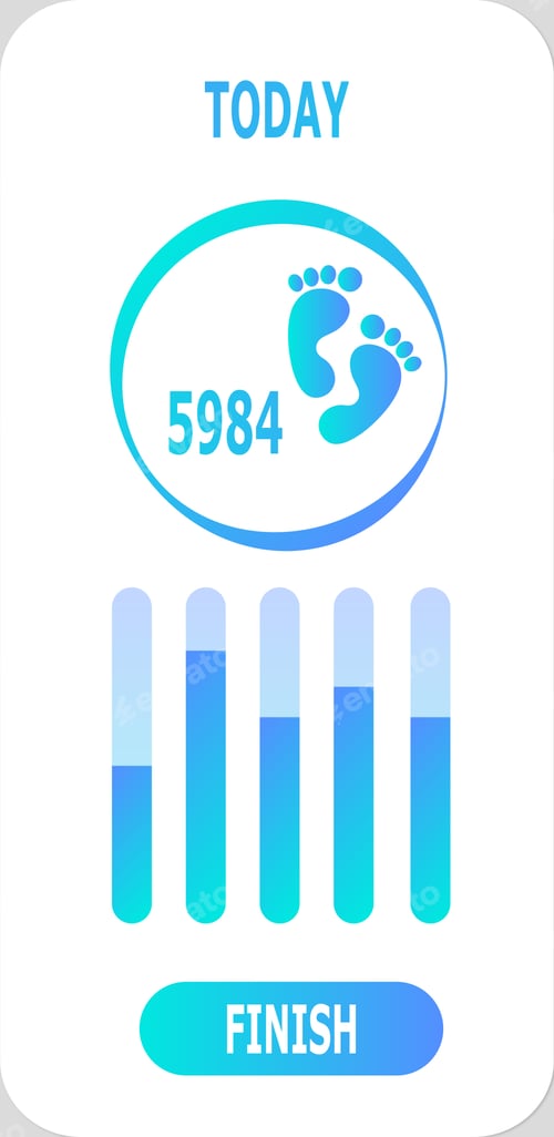 Preview: Step counting app interface for mobile phone. Information, button Finish and illustration of feet