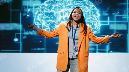 Preview: Expert showcasing latest innovations in AI, camera A