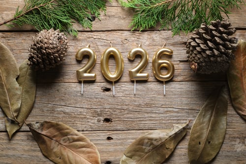 Visualização: Velas decorativas dispostas com elementos naturais para a celebração do Ano Novo